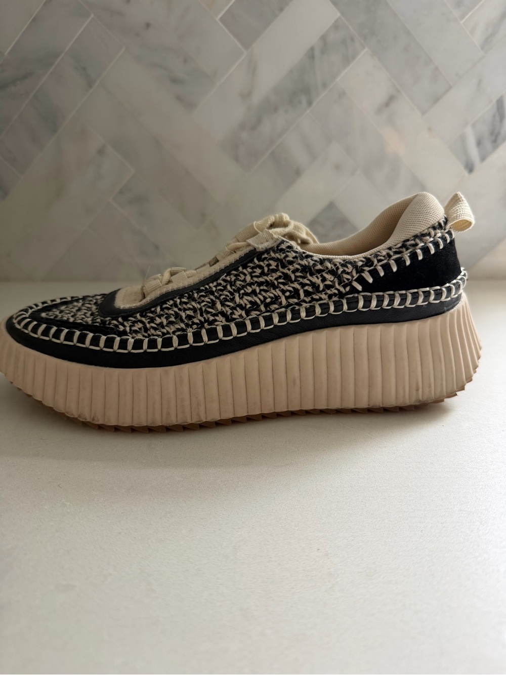 Dolce Vita Woven Platform Lace-Up Sneakers in Black & Cream - Picture 10 of 13